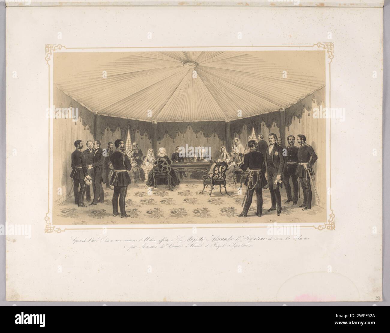 Dieser Druck aus dem Jahr 1858-1859 zeigt Kaiser Alexander II. Und seine Gefährten auf einer Bühne innerhalb eines Zeltes und zeigt zeremonielle Kleidung, Sitzplätze und europäische Veranstaltungen aus der Mitte des 19. Jahrhunderts. Stockfoto