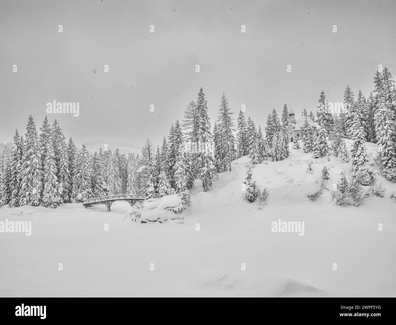 Dieses Winterschneebild der Maria am See Kirche, besser bekannt als Kapelle im Wald, liegt am Obernberger See im österreichischen Tirol Stockfoto