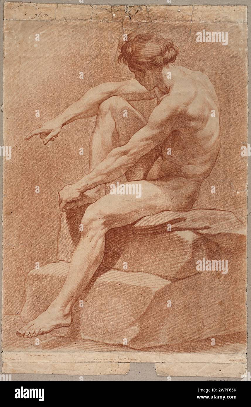 Akademische Studie über eine sitzende männliche Figur, gezeichnet von Louis Marin Bonnet und Edmé Bouchardon vor 1793, Teil der Warschauer Schule für dekorative Kunst Sammlung. Stockfoto