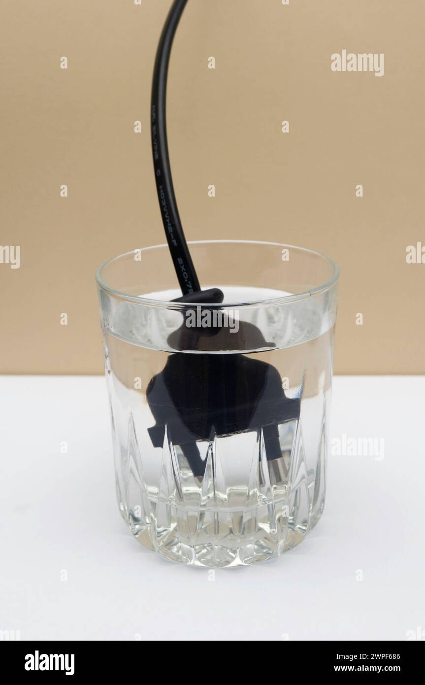 elektrische Stecker in ein Glas Wasser Stockfoto
