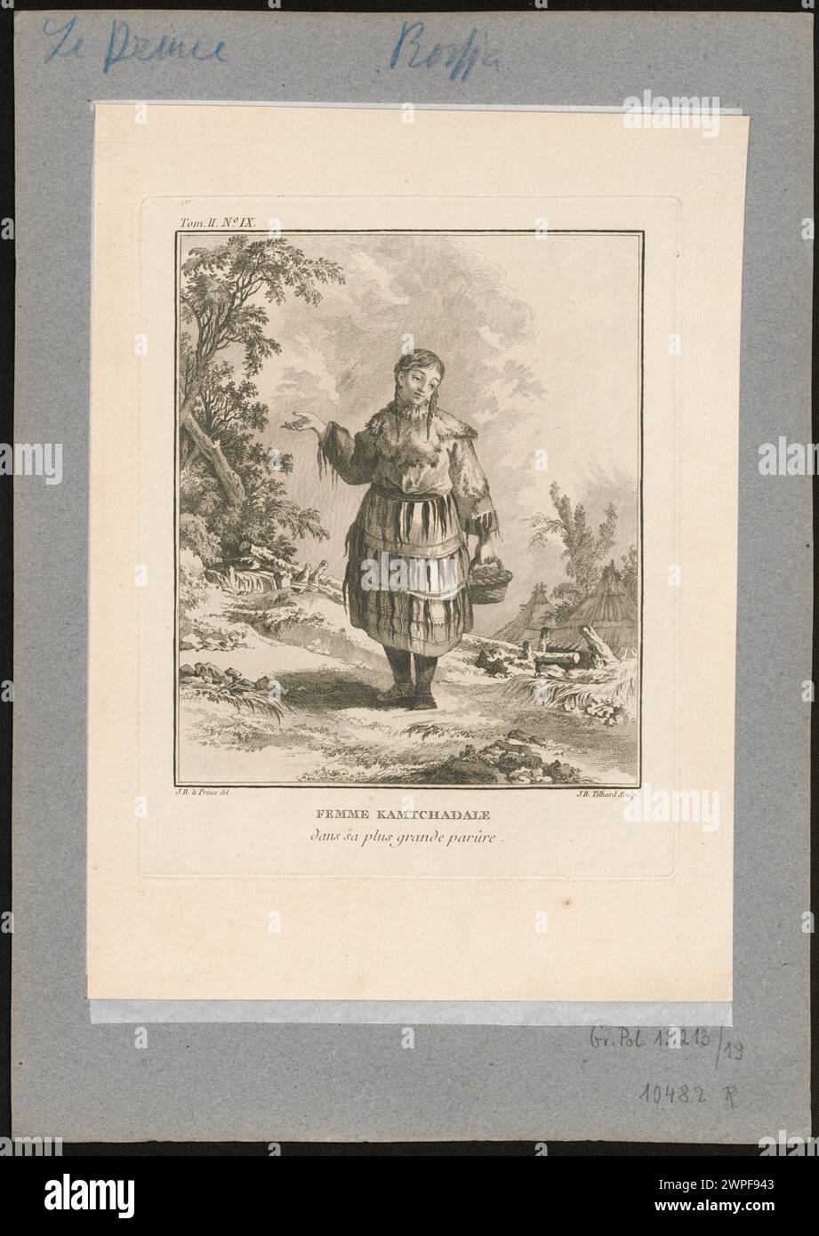 Eine Kamtschatka-Frau, die ihre feinste zeremonielle Kleidung trägt, einschließlich raffinierter Kleidung, Accessoires und filigraner Dekorationen, die traditionelle sibirische Kleidung des 18. Jahrhunderts widerspiegeln. Stockfoto