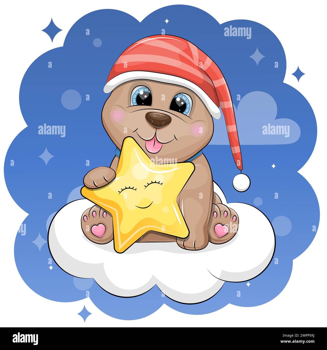 Der süße Zeichentrickhund trägt einen Schlummertrunk, hält einen gelben Stern und sitzt auf einer Wolke. Nachtvektor-Illustration auf einem dunkelblauen Hintergrund. Stock Vektor