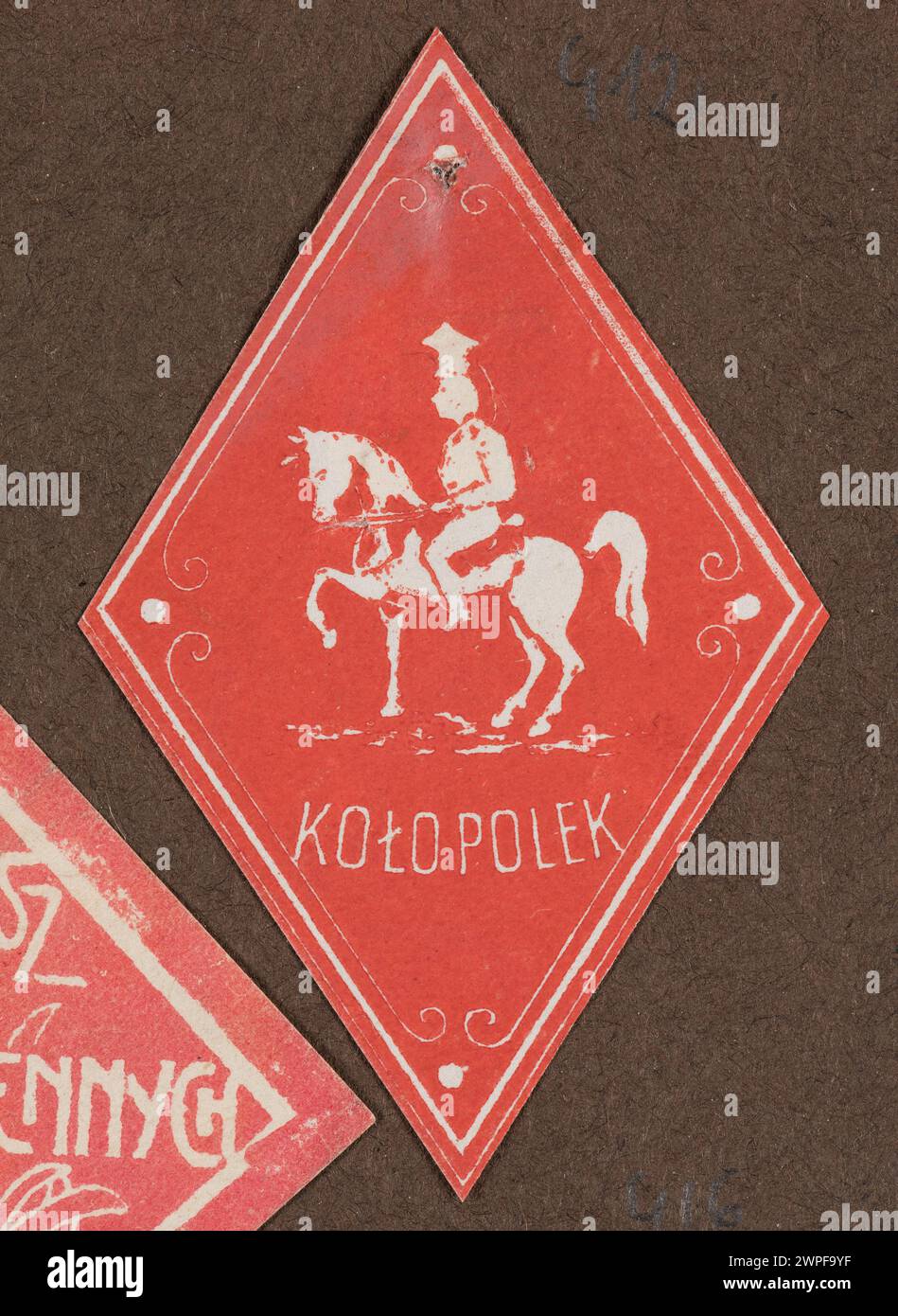 Falldruck von 1919, der einen Soldaten auf dem Pferd zeigt, mit dem Text „nahe polnische Frauen“, der militärische und bürgerliche Themen illustriert. Stockfoto