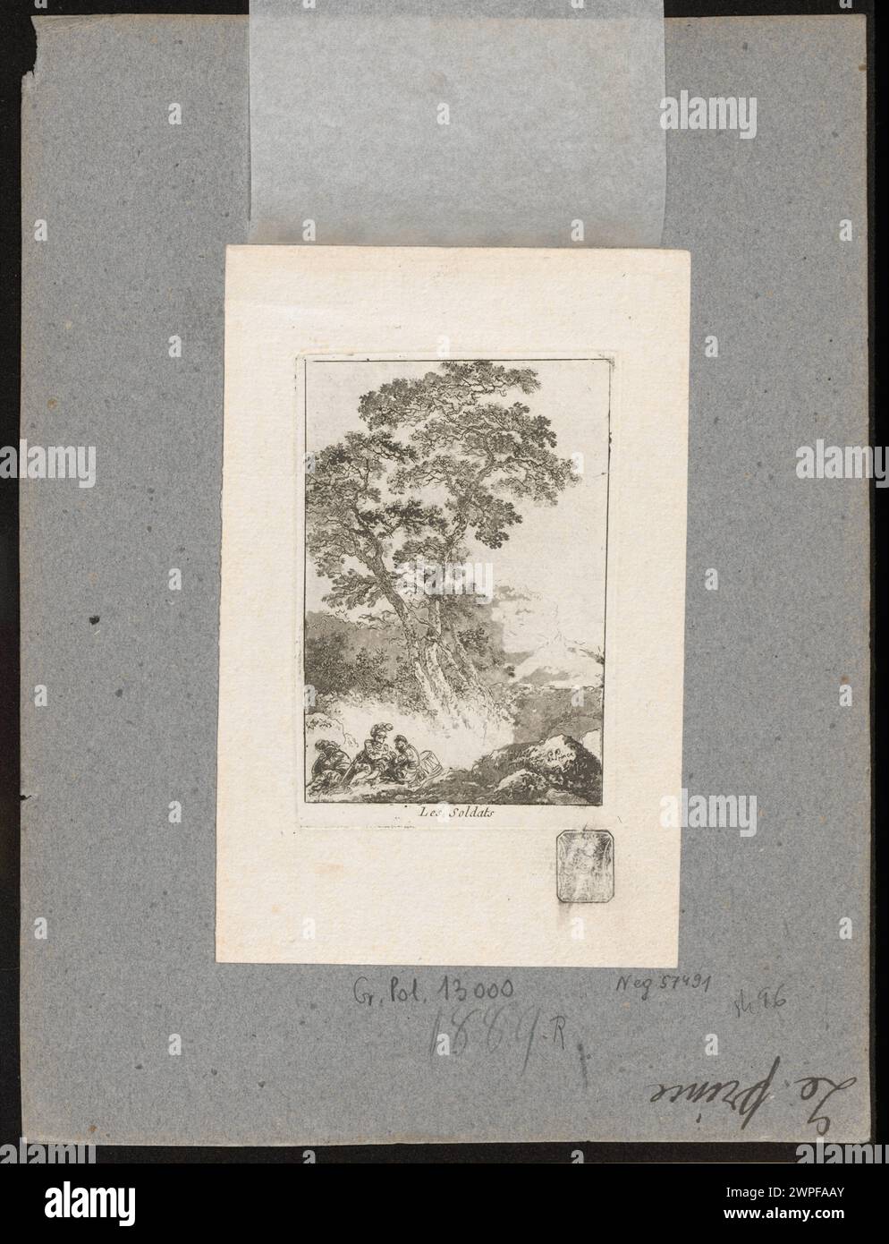 Französisches Gemälde von Jean-Baptiste Le Prince (1769), das Soldaten in einer Landschaft zeigt, Militärfiguren und ländliche Umgebung in einer Genreszene zeigt. Stockfoto