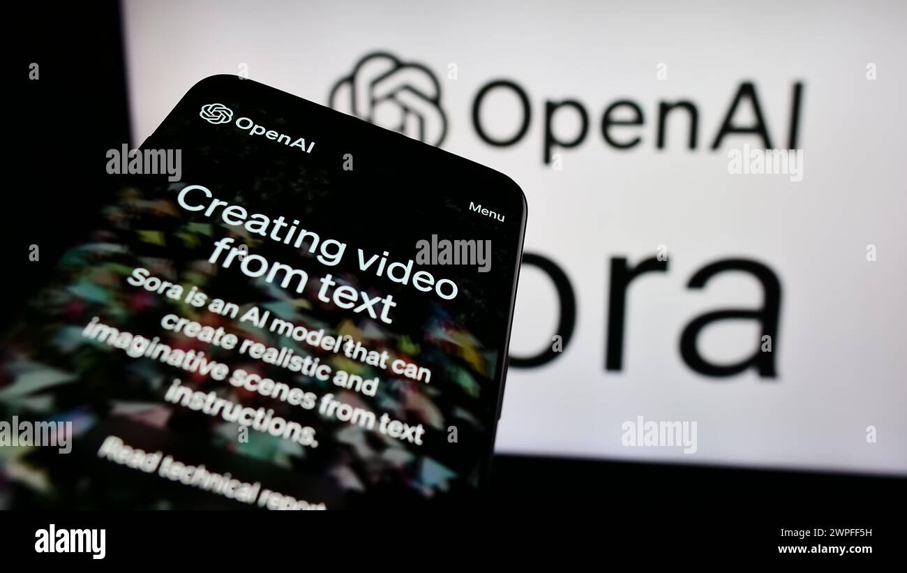 Mobiltelefon mit Website der Text-to-Video-Modellsoftware Sora (OpenAI) vor dem Geschäftslogo. Fokussieren Sie sich oben links auf der Telefonanzeige. Stockfoto