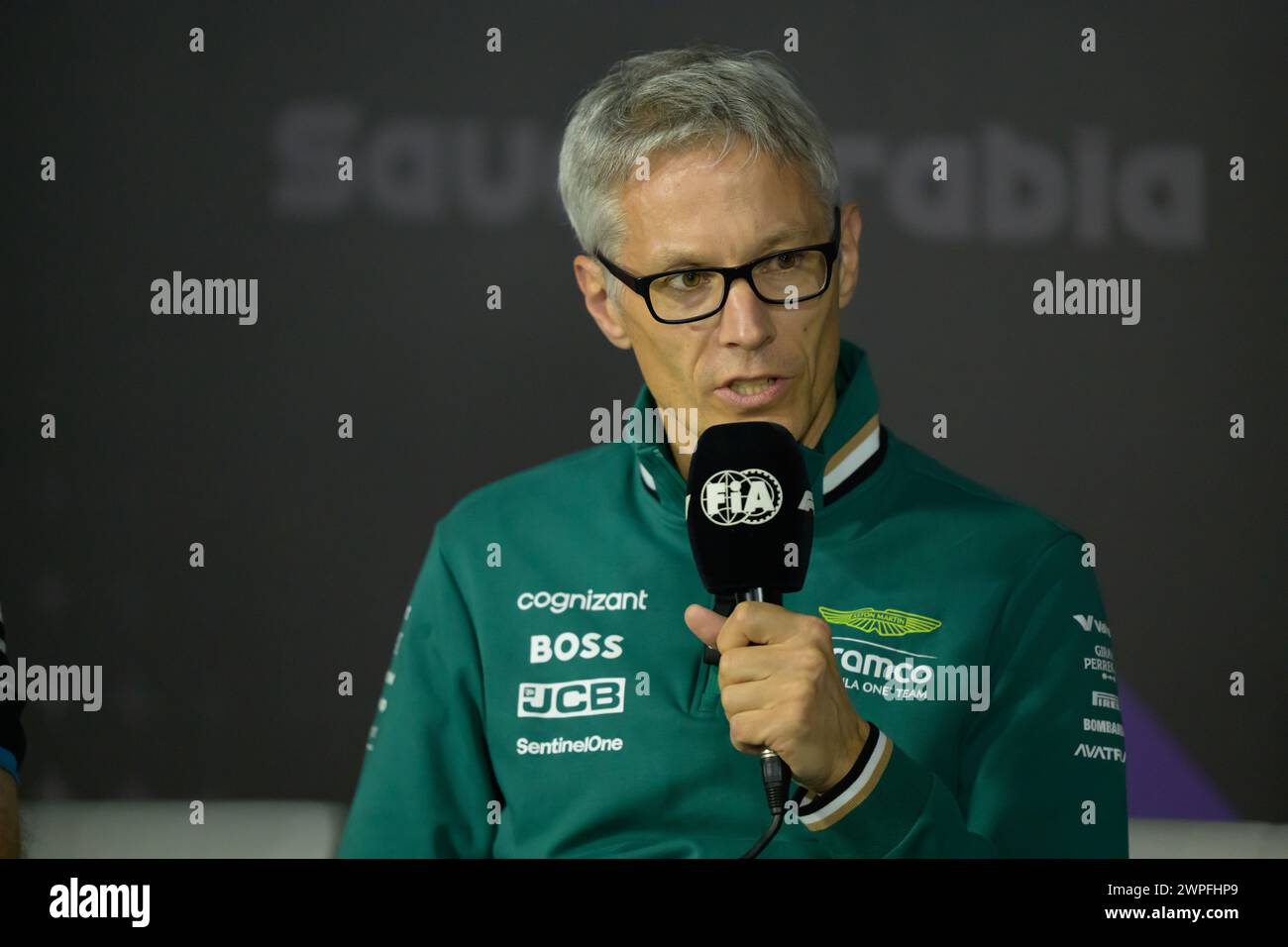 Dschidda, Saudi-Arabien. März 2024. Mike Crack vom Aston Martin Aramco F1 Team während der Pressekonferenz. AHMAD ALSHEHAB/Alamy Live News Stockfoto