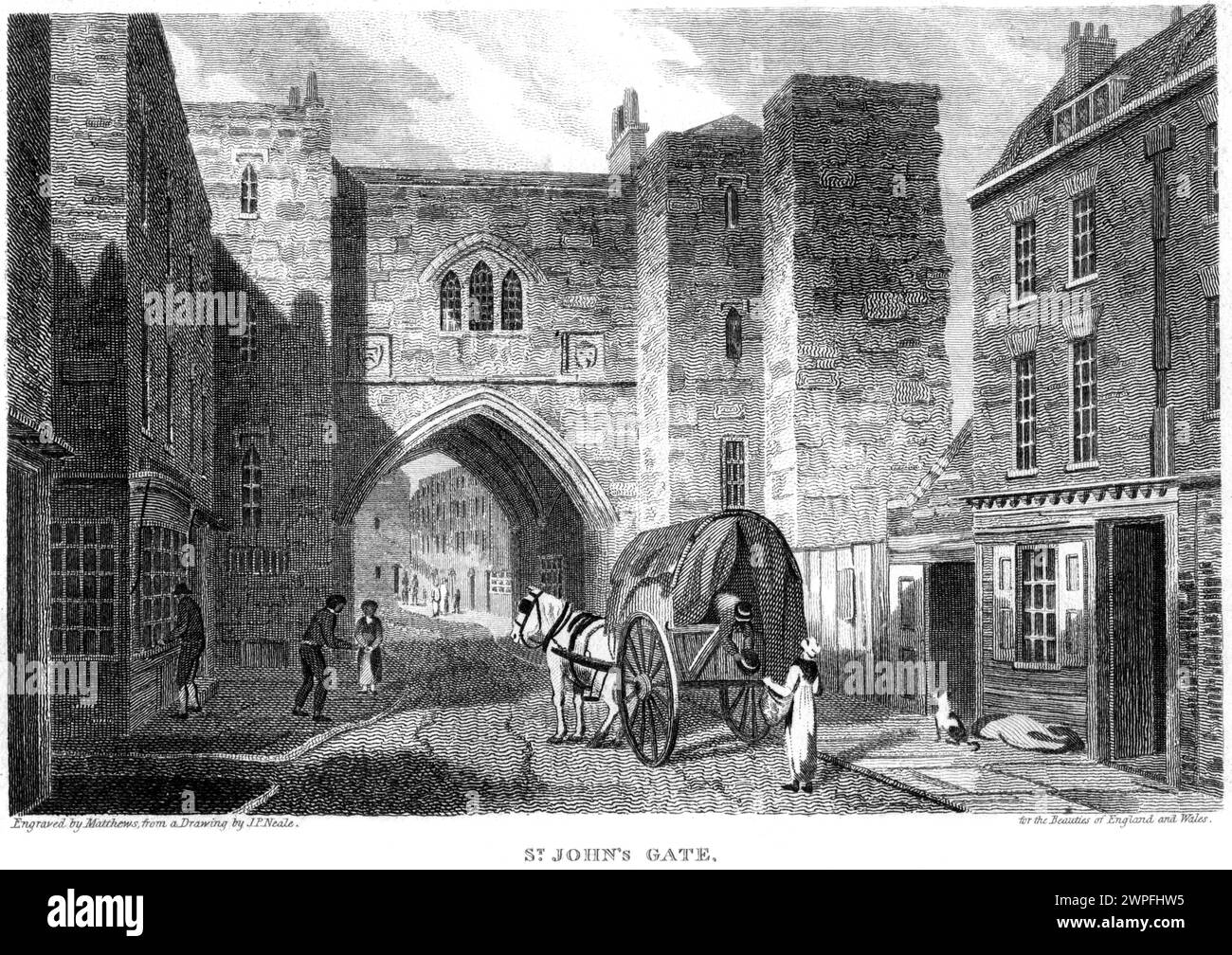 Ein Kupferstich mit dem Titel St Johns Gate, London UK, gescannt mit hoher Auflösung aus einem Buch, das um 1815 erschien. Stockfoto