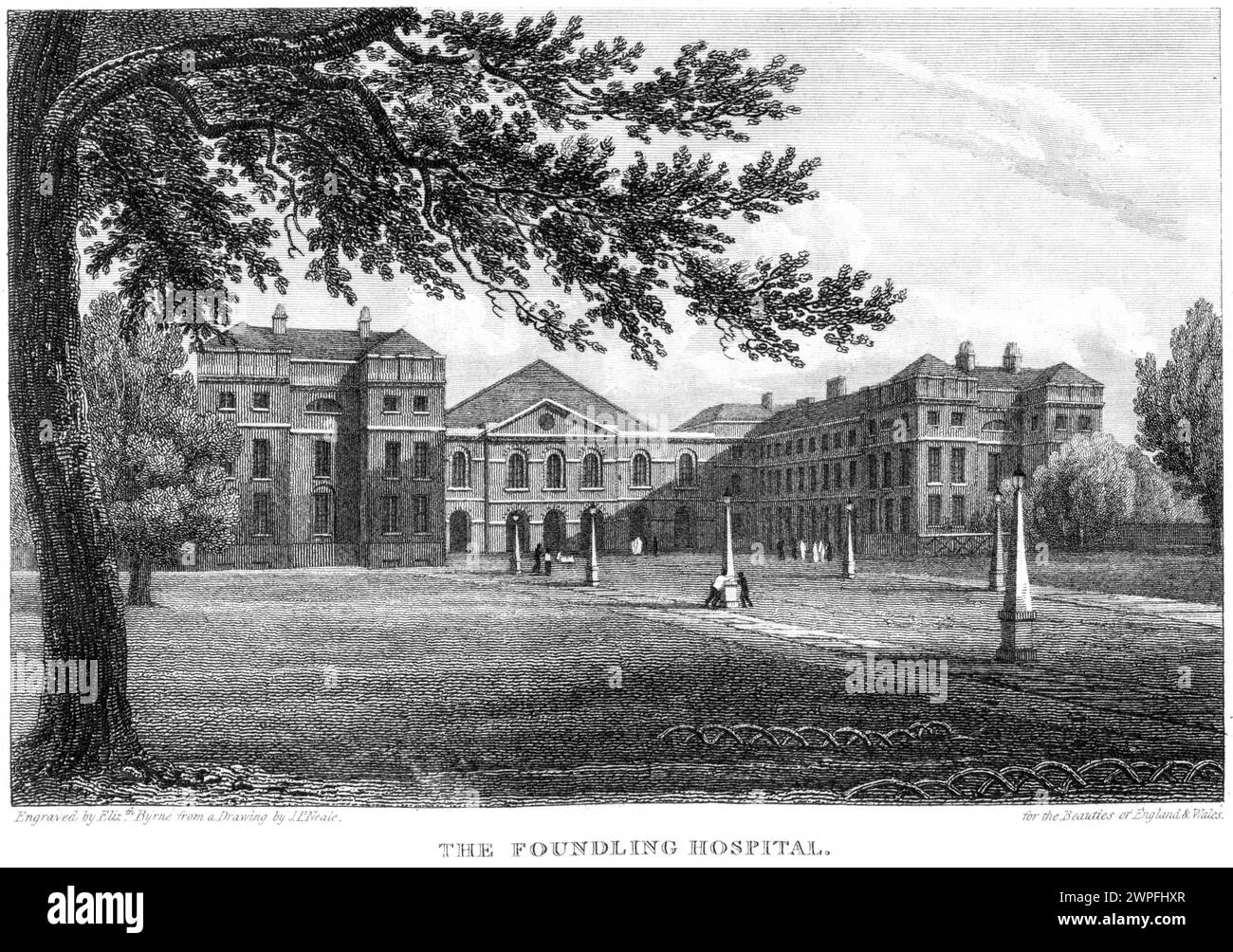 Ein Stich mit dem Titel The Foundling Hospital, London UK, scannt in hoher Auflösung aus einem Buch, das um 1815 veröffentlicht wurde. Dieses Bild wird als fre angesehen Stockfoto