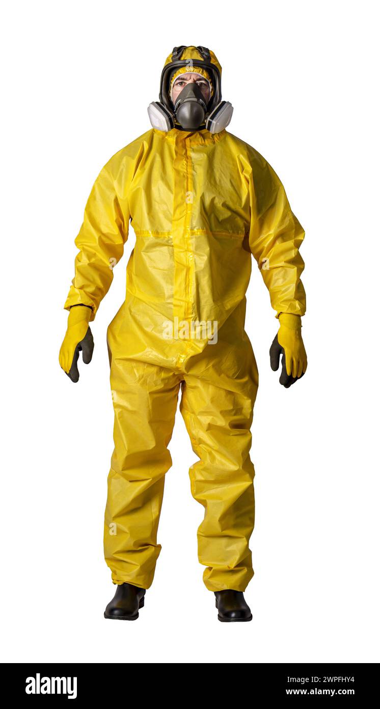 Vorderansicht einer Person, die in einem gelben Schutzanzug mit Schutzbrille und Maske gekleidet ist Stockfoto