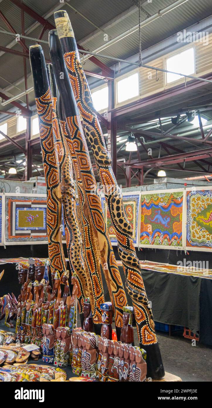 Melbourne, Australien, Februar 2018 - Eine Ausstellung von Artefakten der Aborigines zum Verkauf in Queen Victoria Market, Melbourne, Australien Stockfoto