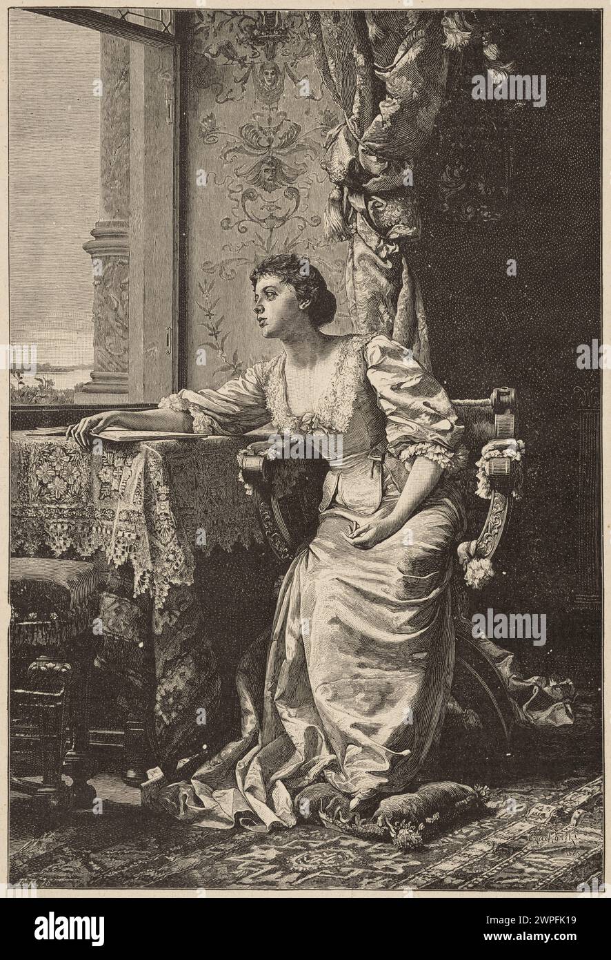 Reproduktion von Władysław Czachórski Gemälde „am Fenster“ (1885), veröffentlicht in „Kłosy“, zeigt eine Figur in der Nähe eines Fensters. Stockfoto Reproduktion von Władysław Czachórski Gemälde „am Fenster“ (1885), veröffentlicht in „Kłosy“, zeigt eine Figur in der Nähe eines Fensters. Stockfoto