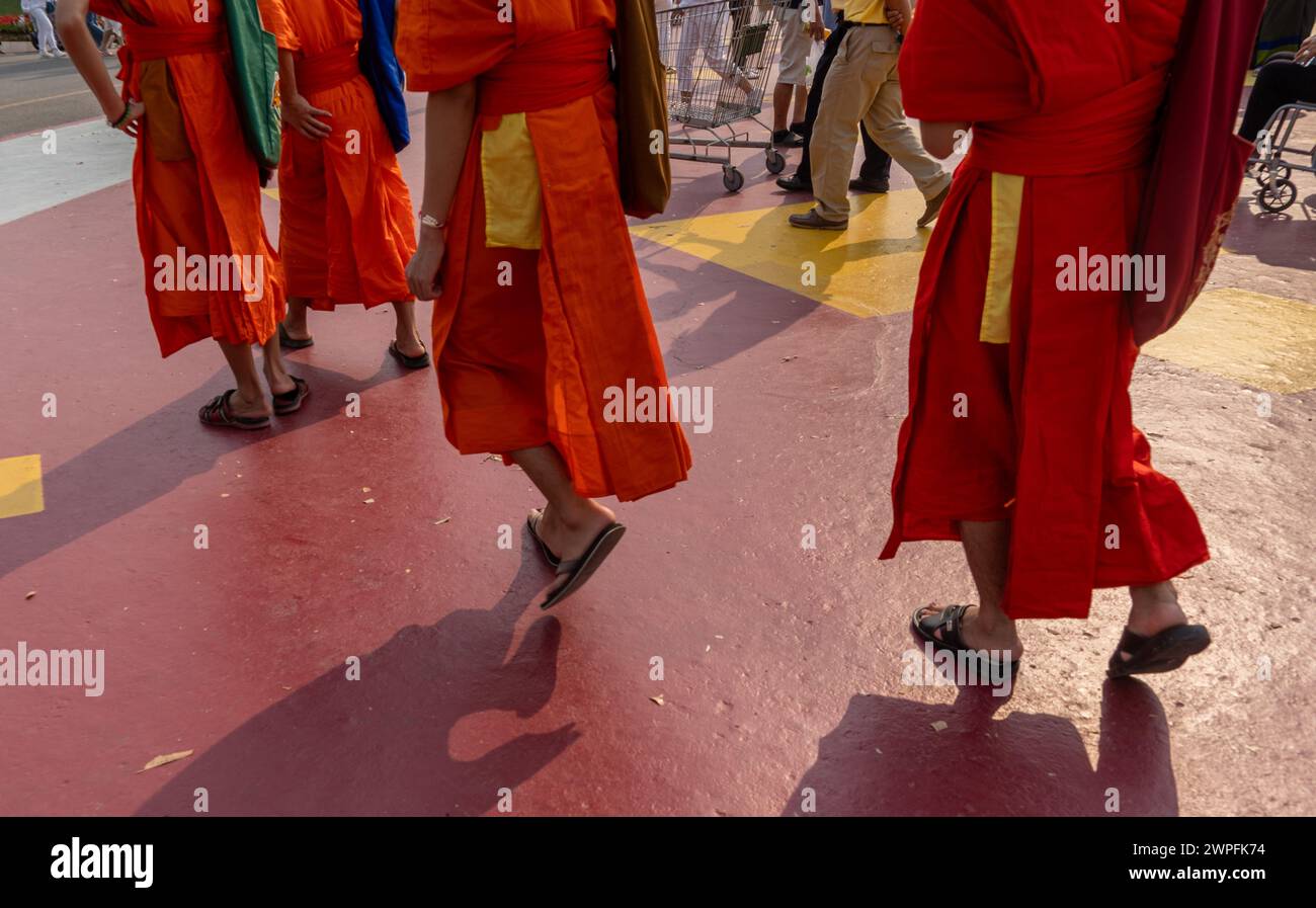 Mönche, die an den buddhistischen Feierlichkeiten von Makha Bucha teilnehmen, bei denen Reliquien Buddhas im Royal Park Rajapruek in Chiang Mai, Thailand, aufbewahrt werden Stockfoto