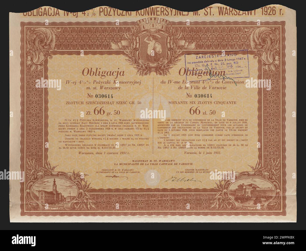 Diese Anleihe aus dem Jahr 1931 stellt das vierte konvertierbare Darlehen von Warschau dar, eine in Warschau ausgedruckte finanzielle Sicherheit, die das Recht eines Investors auf zukünftige Rückzahlung oder Umwandlung in Eigenkapital belegt. Stockfoto