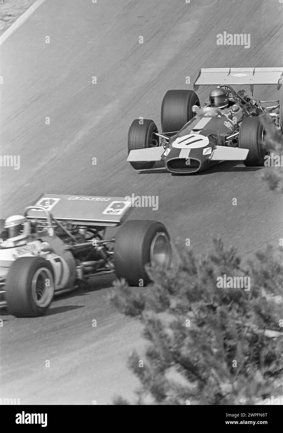 Jackie Stewart in einem Matra Ford Cosworth, startete den 4. DNF und Jacky Ickx in einem Brabham Ford Cosworth, startete den 1. Platz beim Mosport F1 Grand Prix 1969 Stockfoto