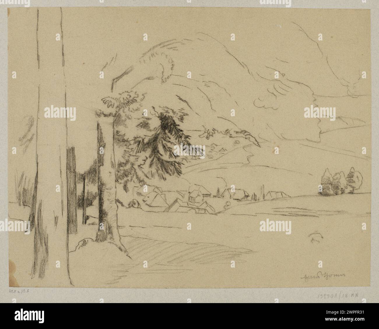Hans Thoma's Gemälde aus dem Jahr 1879, das ein Dorf in einem Bergtal darstellt und Architektur, Landschaft und natürliche Landschaft hervorhebt. Stockfoto