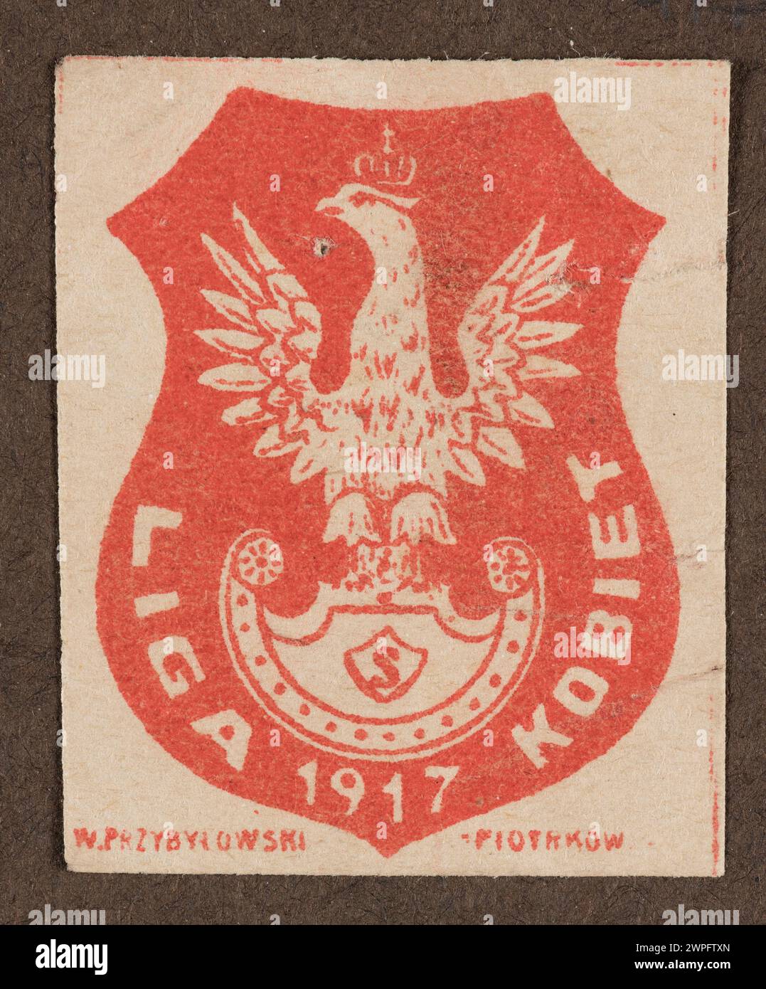 Stempel von 1917 mit dem Emblem der Legion für die Liga der polnischen Frauen, gedruckt von Przybylowski in Piotrkow Trybunalski. Stockfoto