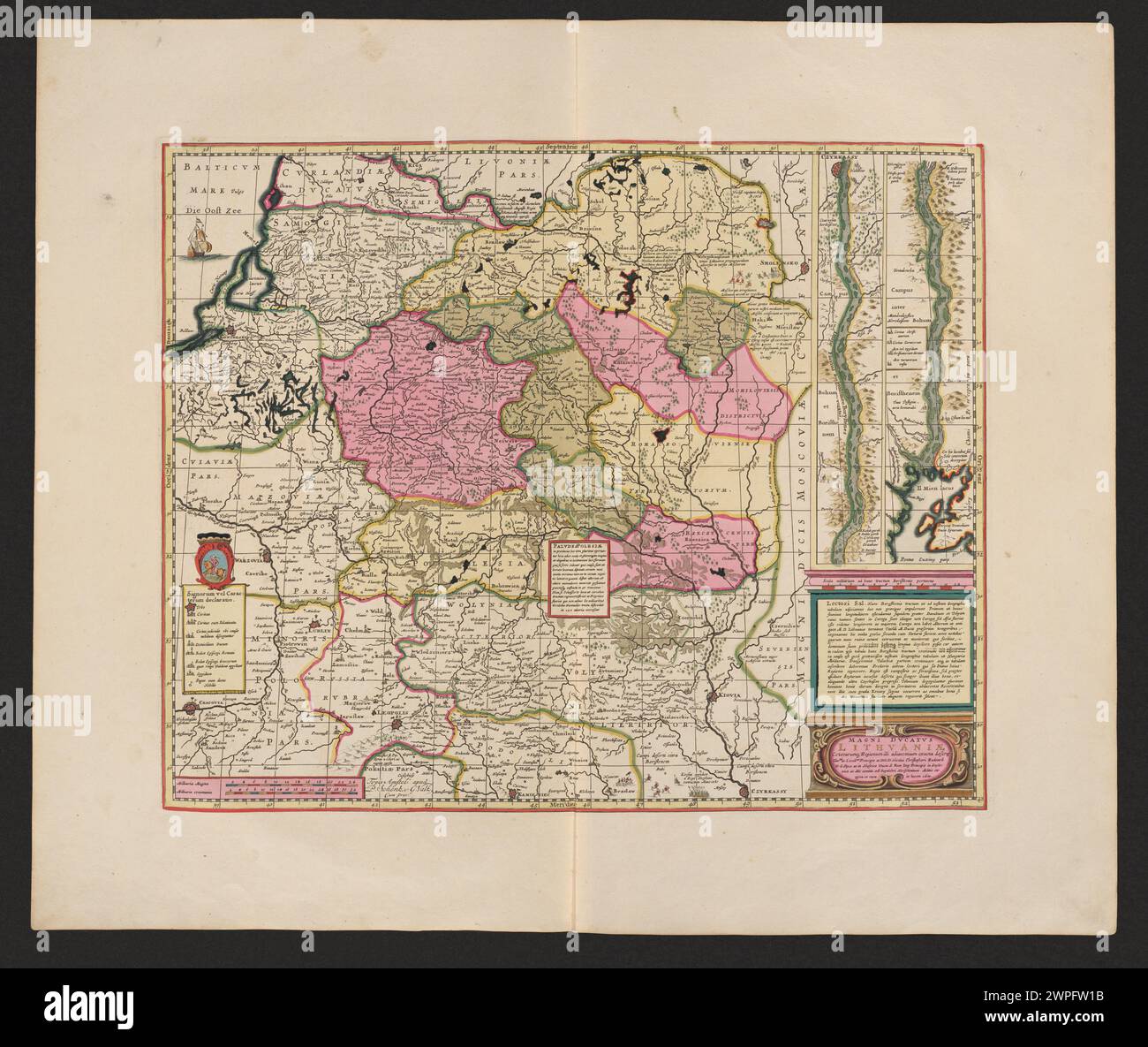 Karte des Großherzogtums Litauen und der umliegenden Regionen, erstellt von Pieter Schenck und Gerard Valck im Jahr 1711, mit politischen Trennungen, Städten, Flüssen und geografischen Merkmalen. Stockfoto