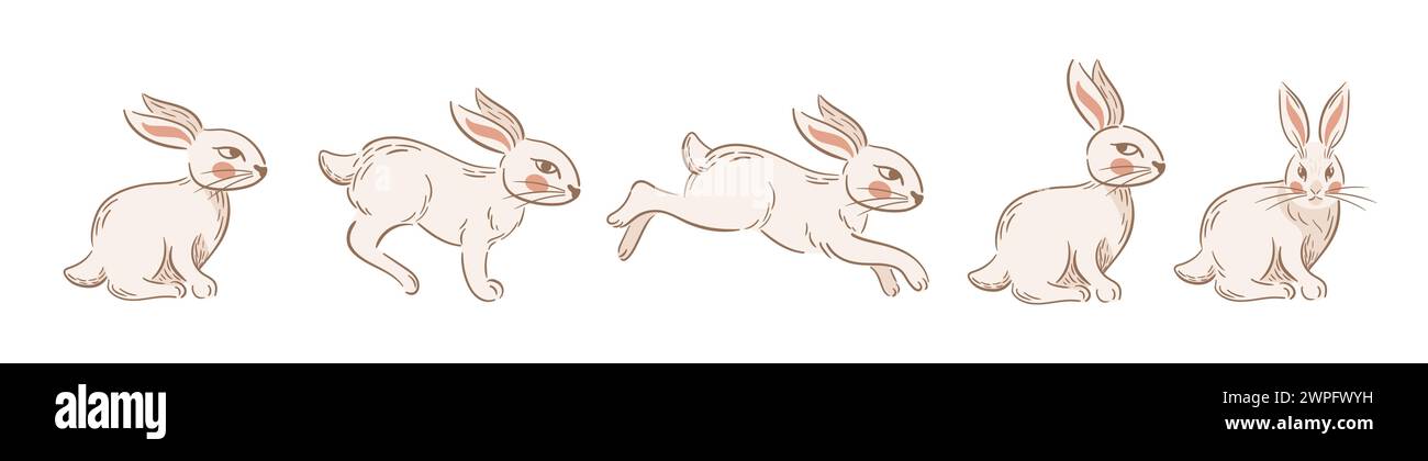 Osterrennen und sitzende Kaninchen. Retro-Illustration im Vintage-Stil. Boho, rustikaler Stil. Slawisches Volk. Für Aufkleber, Poster, Postkarten, Design Stock Vektor