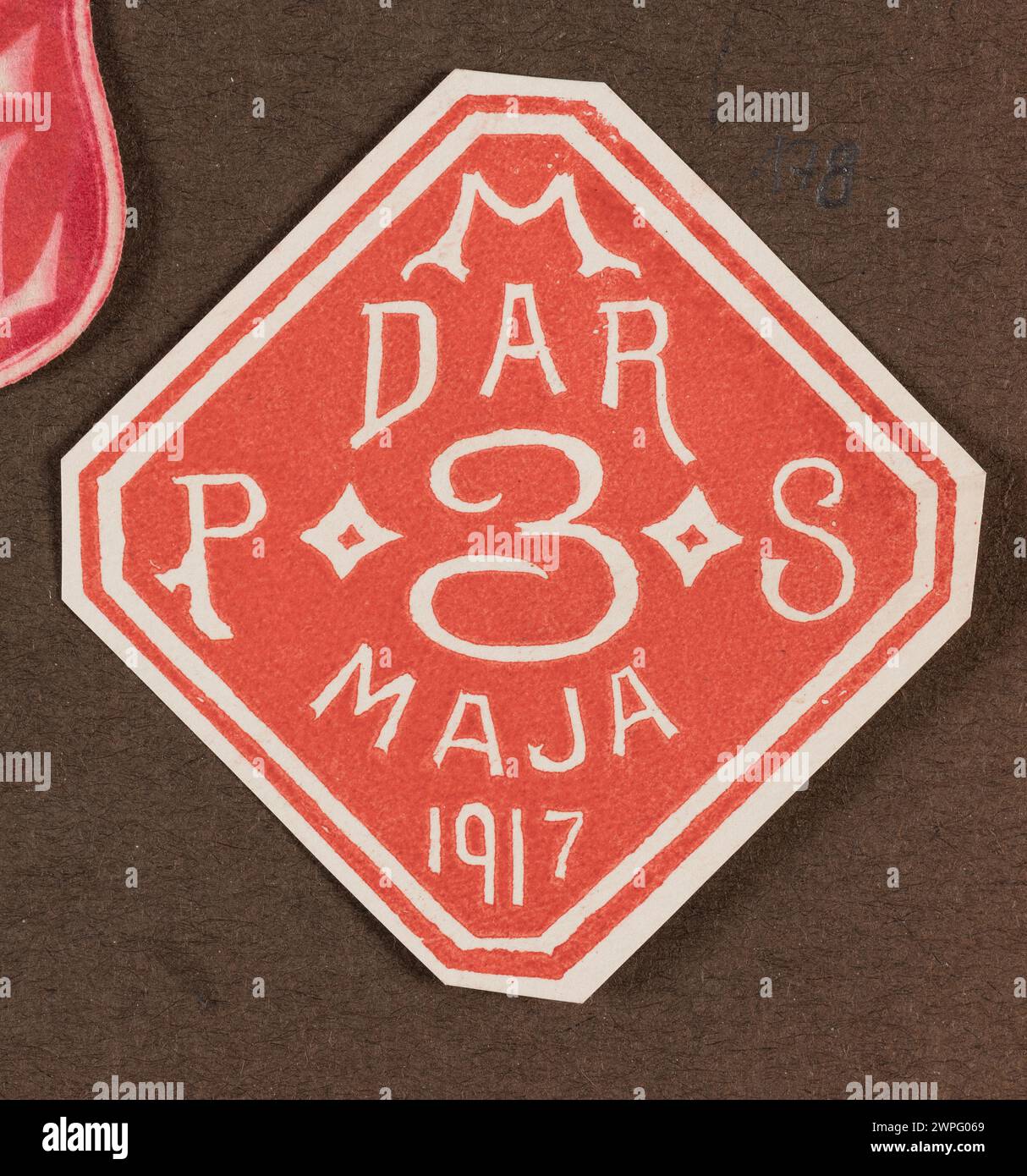 Fragestempel mit dem Text "PMS dar 3. Mai 1917", herausgegeben von der polnischen Schulmatrix im Jahr 1917. Stockfoto