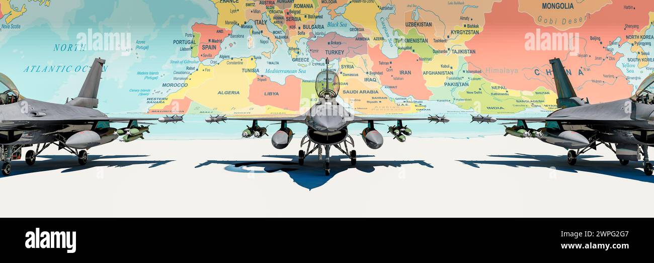 Kampfflugzeuge über einer strategischen globalen Karte, die internationale Grenzen hervorhebt Stockfoto Kampfflugzeuge über einer strategischen globalen Karte, die internationale Grenzen hervorhebt Stockfoto