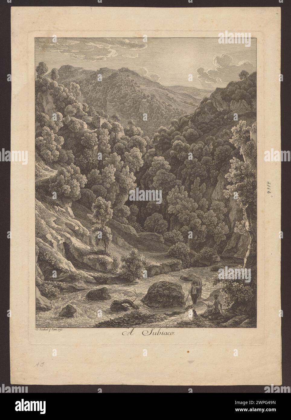 Johann Christian Reinharts Gemälde von 1793 zeigt eine Subiaco-Landschaft mit einem Cartoonist im Vordergrund, die europäische Landschaftskunst des 18. Jahrhunderts illustriert. Stockfoto