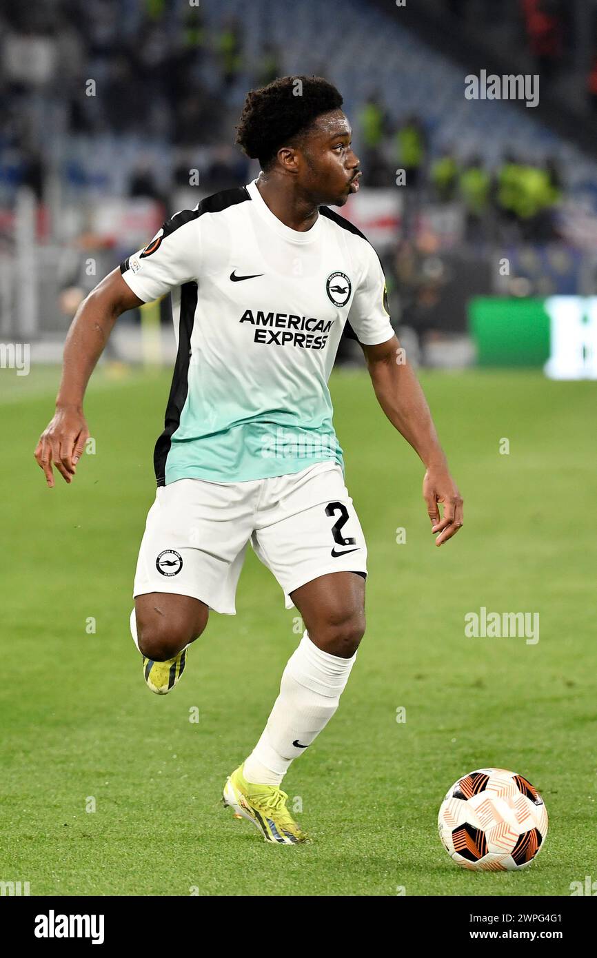 Rom, Italien. März 2024. Tariq Lamptey vom FC Brighton in Aktion während des Europa League-Fußballspiels zwischen AS Roma und AS Roma gegen Brighton & Hove Albion FC, Europa League, Football im Olimpico-Stadion in Rom (Italien), 7. März 2024. Quelle: Insidefoto di andrea staccioli/Alamy Live News Stockfoto