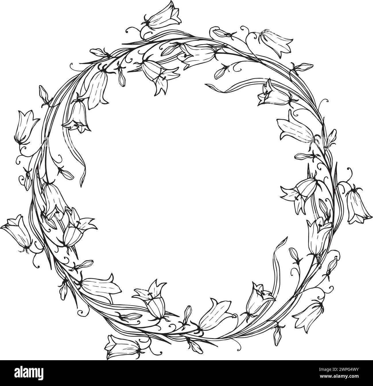 Kranz mit Blumenkranz-Vektor-Illustration. Handmalbild von kreisförmigem Rahmen für Grußkarten oder Hochzeitseinladungen. Circlet mit Glockenblume. Botanische Vorlage für Postkarten. Stock Vektor