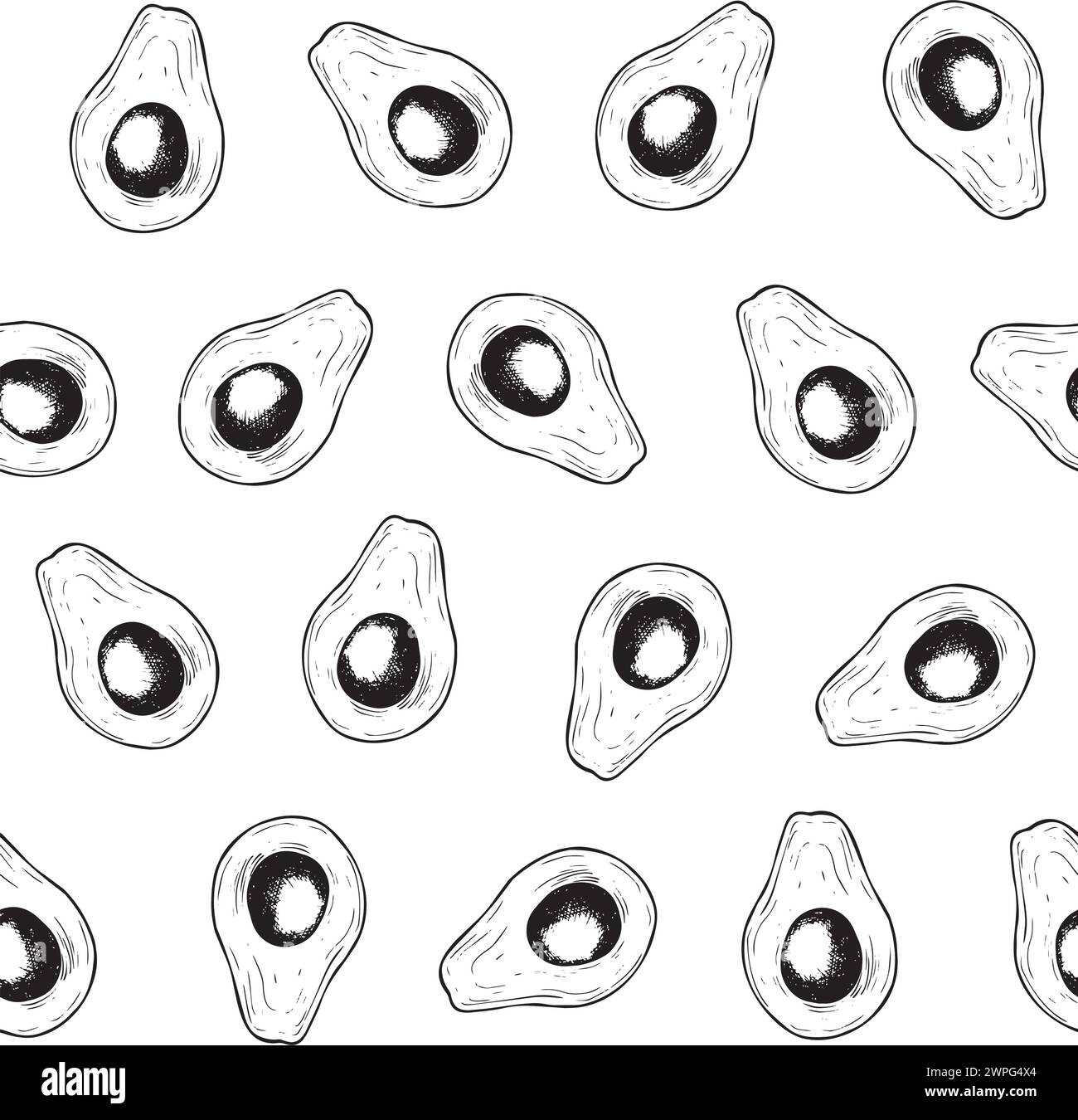 Nahtloses Avocado-Muster. Vektorhintergrund von Lebensmitteln. Handgezeichnete isolierte Illustration im Linienart-Stil. Botanische Malerei von Obst oder Gemüse. Zeichnung von Ornamenten für Stoffe und Küchentextilien. Stock Vektor