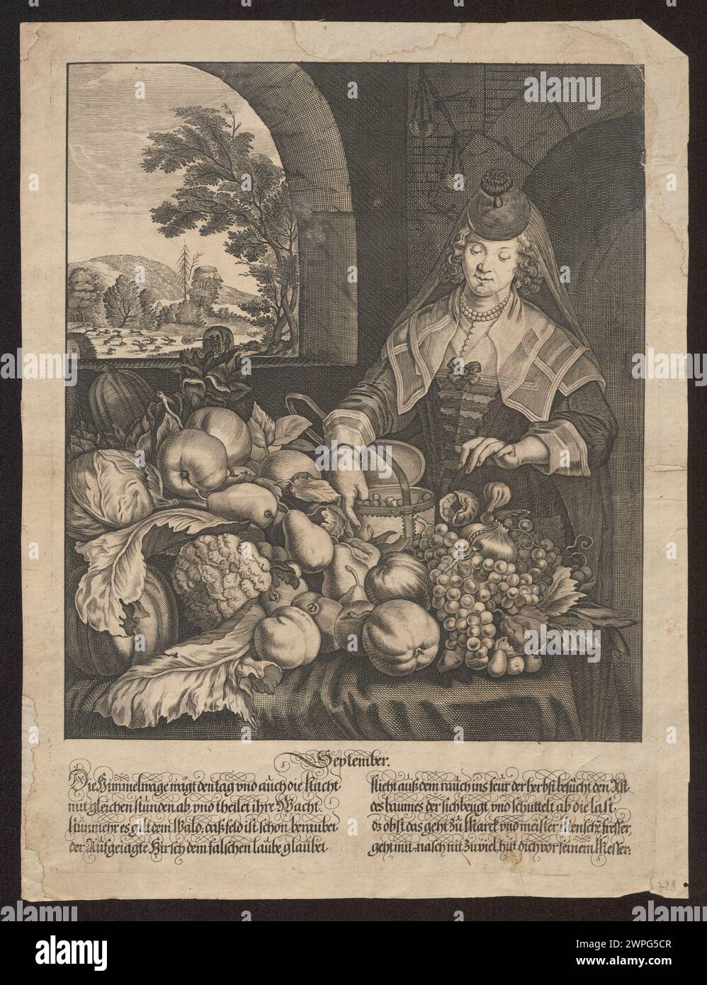 Kunstwerk aus dem 17. Jahrhundert von Joachim von Sandrart, das den Monat September darstellt, Teil einer Kalenderreihe. Stockfoto