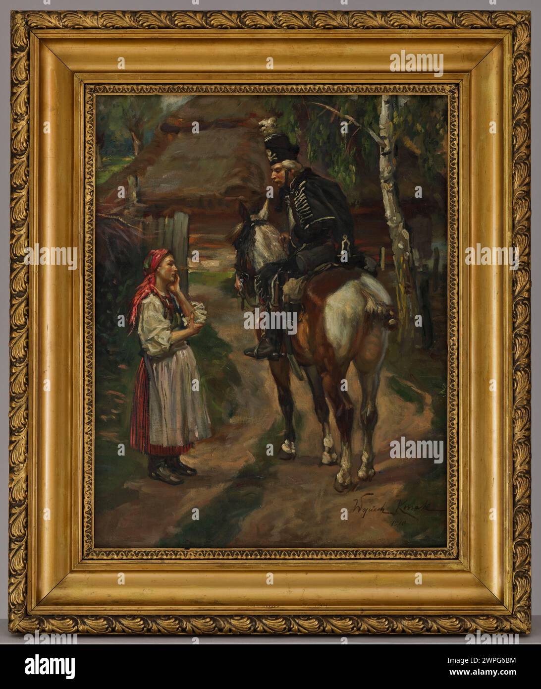 „Sad News“ ist ein Gemälde von Wojciech Kossak, das 1910 entstand und eine ergreifende Szene darstellt, die die emotionale Tiefe seiner Arbeit widerspiegelt. Stockfoto