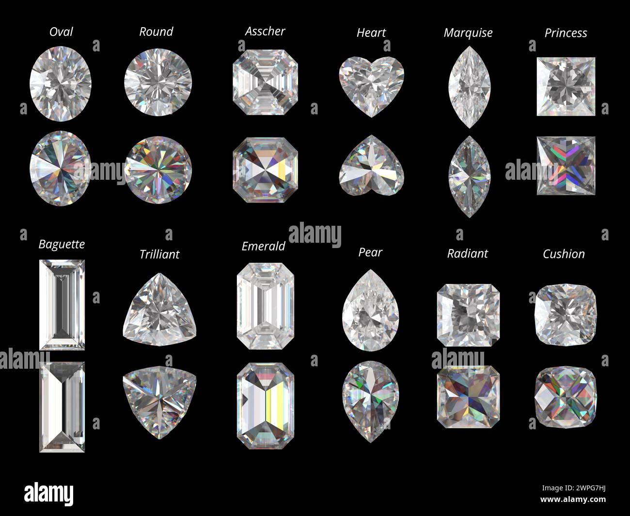 Isolierter Hintergrund mit mehreren Diamanten im 3D-Rendering der Ober- und Unteransicht Stockfoto