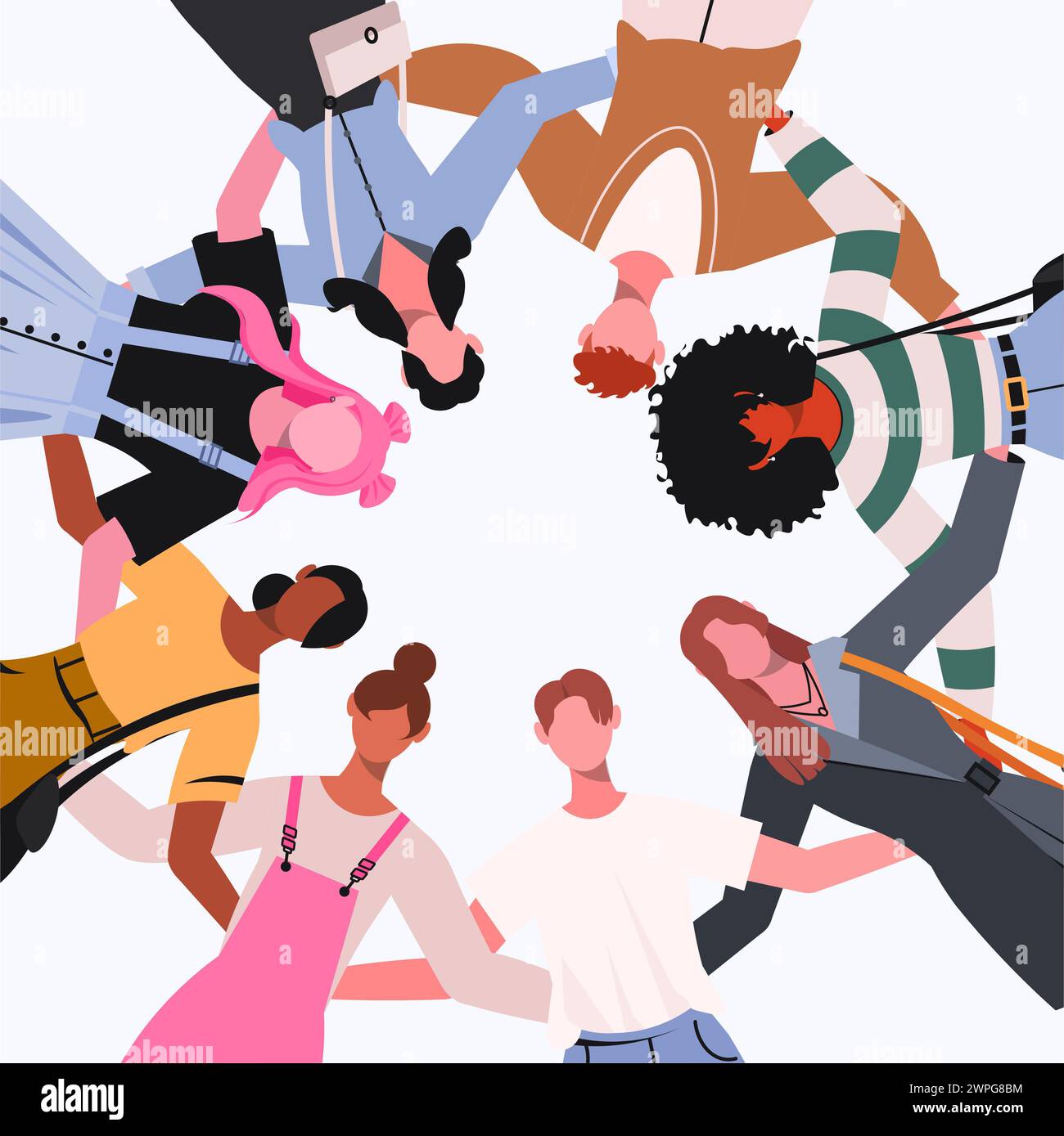 Gruppenporträt verschiedener Frauen und Männer, die in einem Kreis zusammenstehen und Einheit und Unterstützung zeigen. Freundschaftsumarmungen. Teamwork, Zweisamkeit. Stockfoto