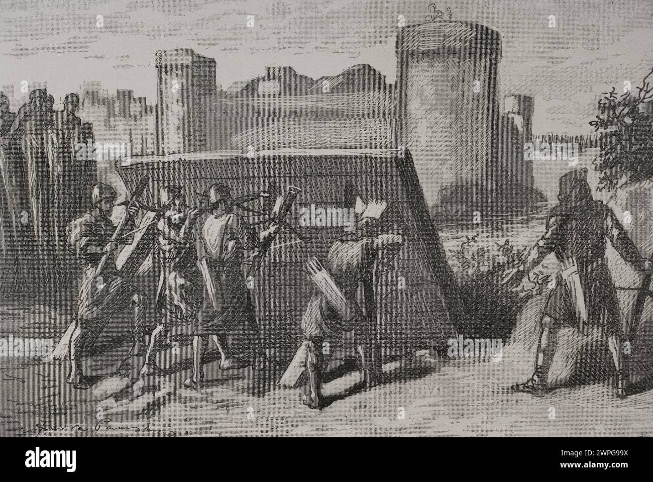 Iberische Halbinsel. Belagerung von Barcelona im Jahr 801. Ludwig der Fromme (778–840) begann die Eroberung der muslimischen Stadt Barcelona. Am 3. April 801, nach einer harten Belagerung der Stadt, öffneten die Einwohner selbst die Tore der fränkischen Armee Ludwigs des Frommen, angeführt von Wilhelm von Gellone, Herzog von Toulouse (755–812). Barcelona wurde die Hauptstadt der Grafschaft Barcelona. Fränkische Soldaten, die hinter einer Mütze geschützt sind. Stich von Serra Pausas. „Glorias Españolas“ (Glorias von Spanien). Band II Veröffentlicht in Barcelona, 1890. Stockfoto