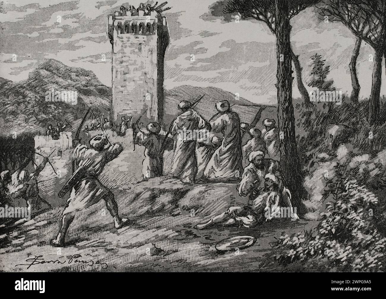 Umar ibn Hafsun (ca. 846-918). Andalusi rebelliert gegen das Emirat Cordoba. Er führte eine Revolte gegen das Emirat, die von 878 bis 916 dauerte, als er sich Abd al-Raḥman III. Ergab Umar ibn Hafsun auf der Burg von Ronda (Provinz Malaga, Andalusien, Spanien). Stich von Serra Pausas. „Glorias Españolas“ (Glorias von Spanien). Band II Veröffentlicht in Barcelona, 1890. Stockfoto