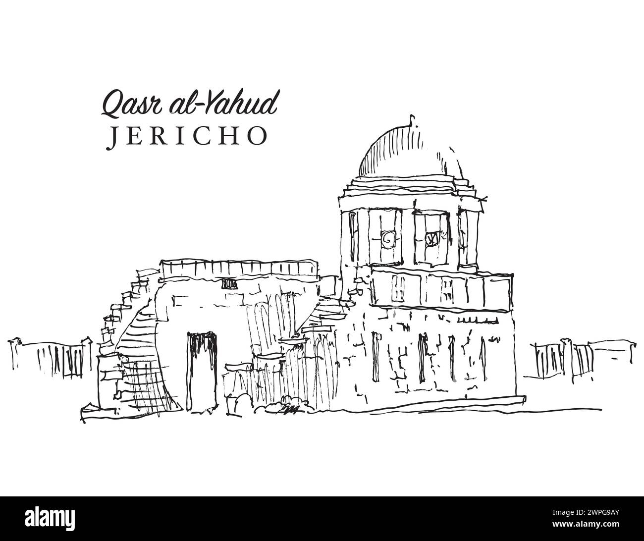 Vektor-handgezeichnete Skizze Illustration von Qasr al Yahud im Jordantal Stock Vektor