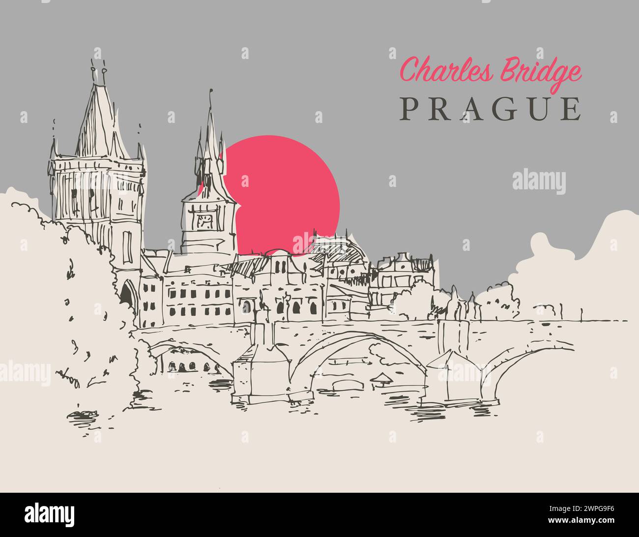 Vektor-handgezeichnete Skizze Illustration der Karlsbrücke in Prag, Tschechien Stock Vektor