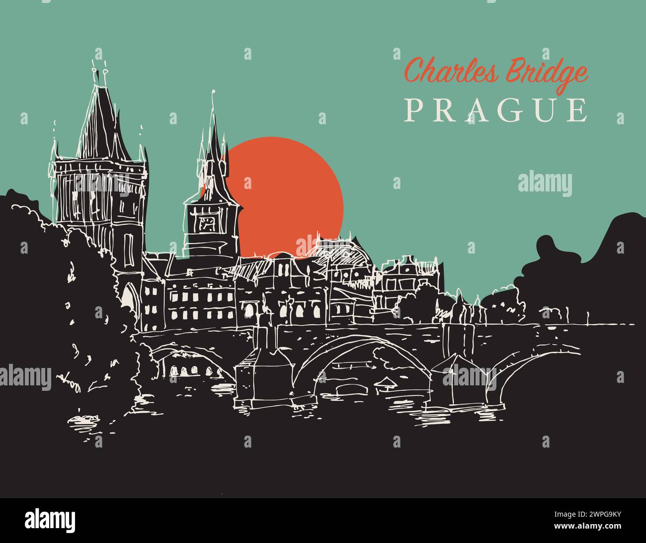 Vektor-handgezeichnete Skizze Illustration der Karlsbrücke in Prag, Tschechien Stock Vektor