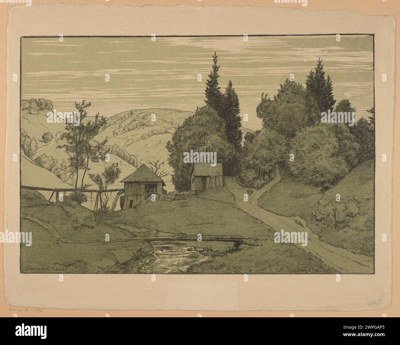 Landschaftsgemälde „Happach“ von Hans Thoma aus dem Jahr 1896, die natürliche Landschaft mit Bäumen, Hügeln und atmosphärischen Effekten in realistischem Stil zeigt. Stockfoto