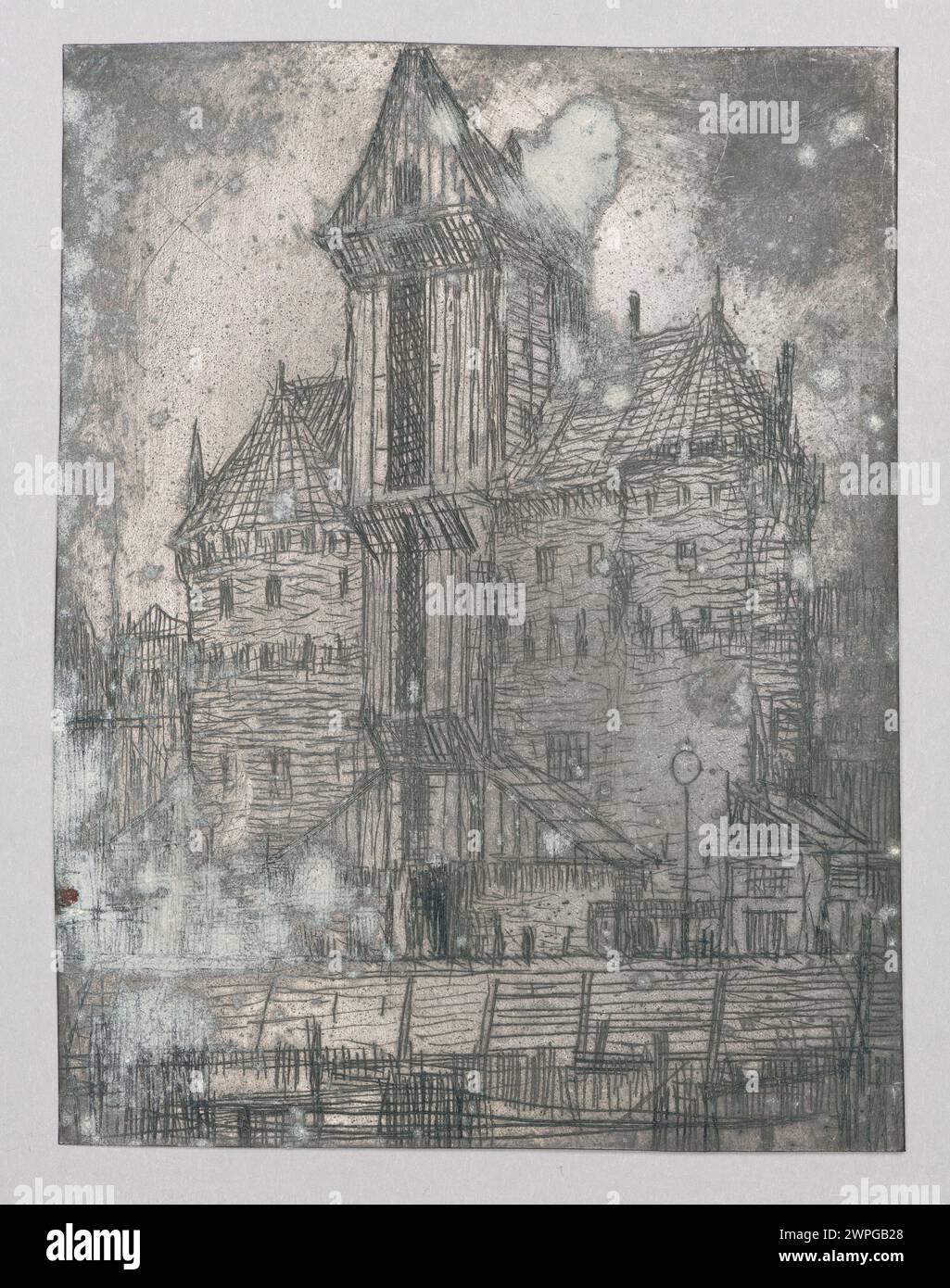Ein Kunstwerk mit einem Kran in Gdańsk, gemalt von Feliks Jabłczyński um 1924, zeigt den Vogel in einem städtischen Hafen. Stockfoto