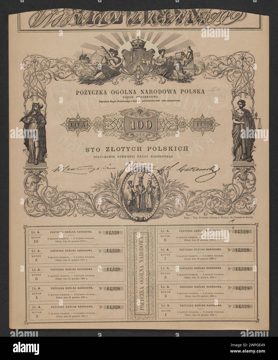 Eine offizielle 5%-polnische Staatsscheine aus dem Jahr 1863, die während des Januaraufstands als gesetzliches Zahlungsmittel ausgegeben wurde. Stockfoto