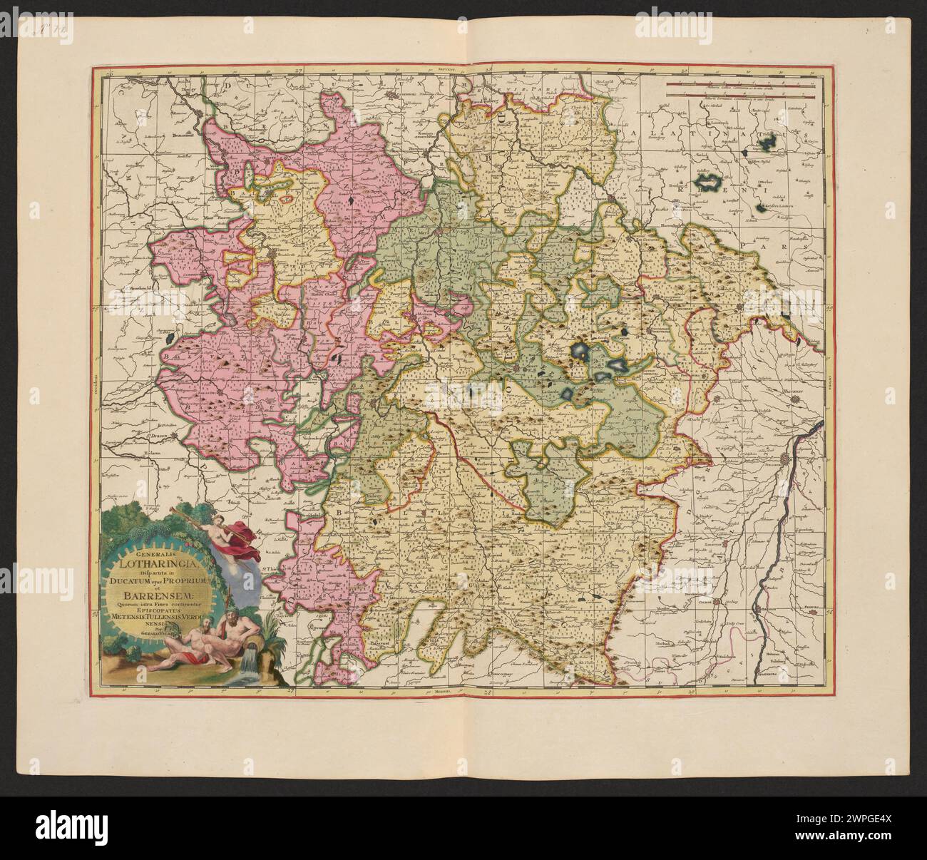 Karte des Herzogtums Lothringen unterteilt in seine Gebiete einschließlich der Diözesen Metz, Toul und Verdun, die 1711 von Pieter Schenck, Gerard Valck und Johannes Janssonius erstellt wurden. Stockfoto