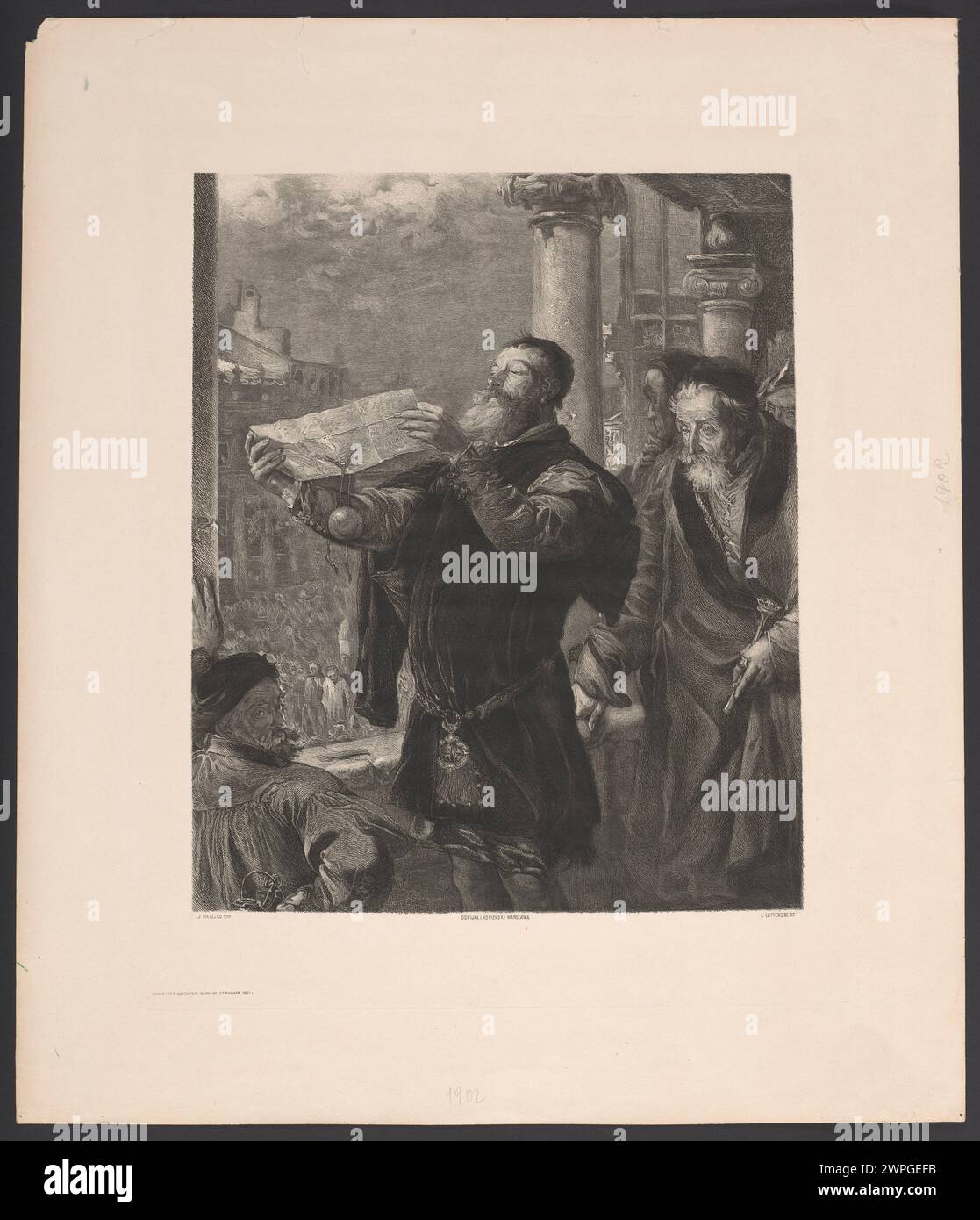 Ein 1902 erschienenes Kunstwerk „Satz an Matejko“ in Verbindung mit den Künstlern Ignacy Łopieński (1865–1941) und Jan Matejko (1838–1893). Stockfoto