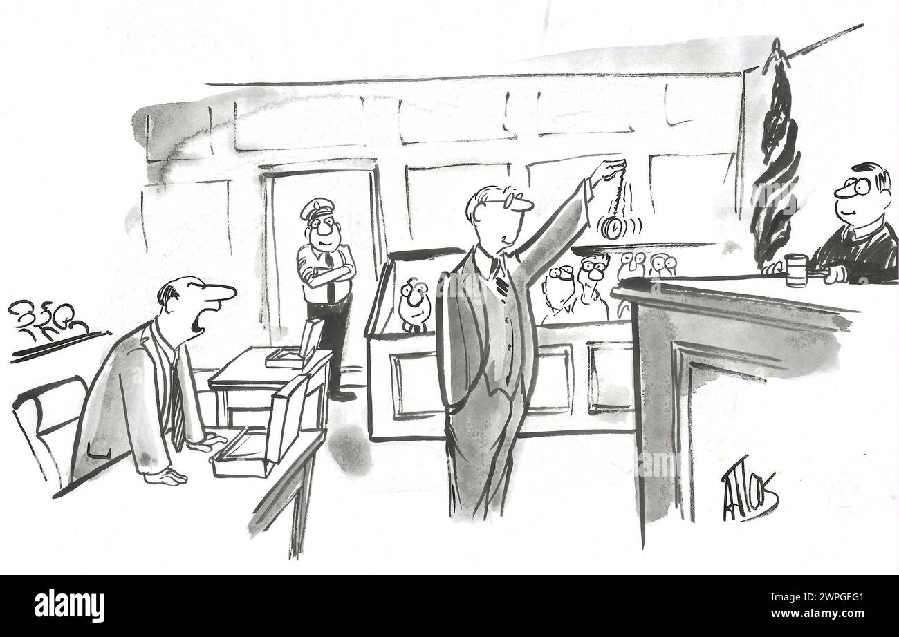 BW-Cartoon eines Anwalts, der versucht, Richter und Geschworene zu hypnotisieren. Stockfoto