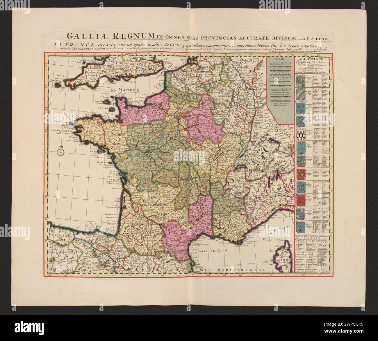 Eine Karte des Königreichs Frankreich von Schenck und Valck aus dem Jahr 1711, die alle Provinzen mit geographischen Merkmalen und politischen Grenzen genau zeigt, basierend auf Manuskripten und gedruckten Karten. Stockfoto