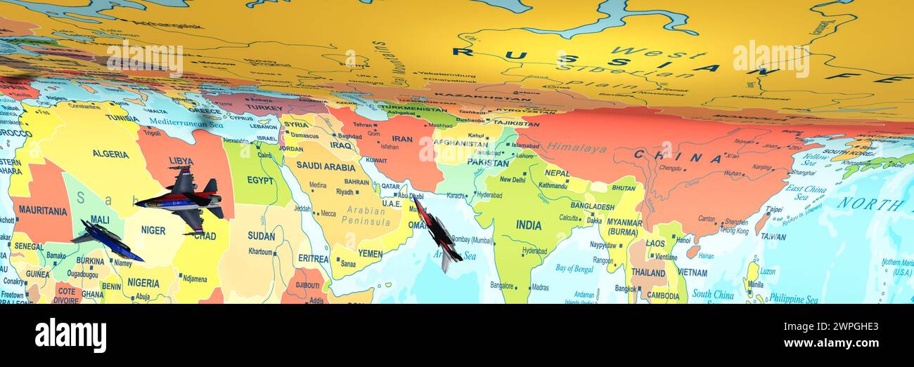 Dynamische Kampfflugzeuge patrouillieren über die bunte politische Karte Nordafrikas und Asiens Stockfoto