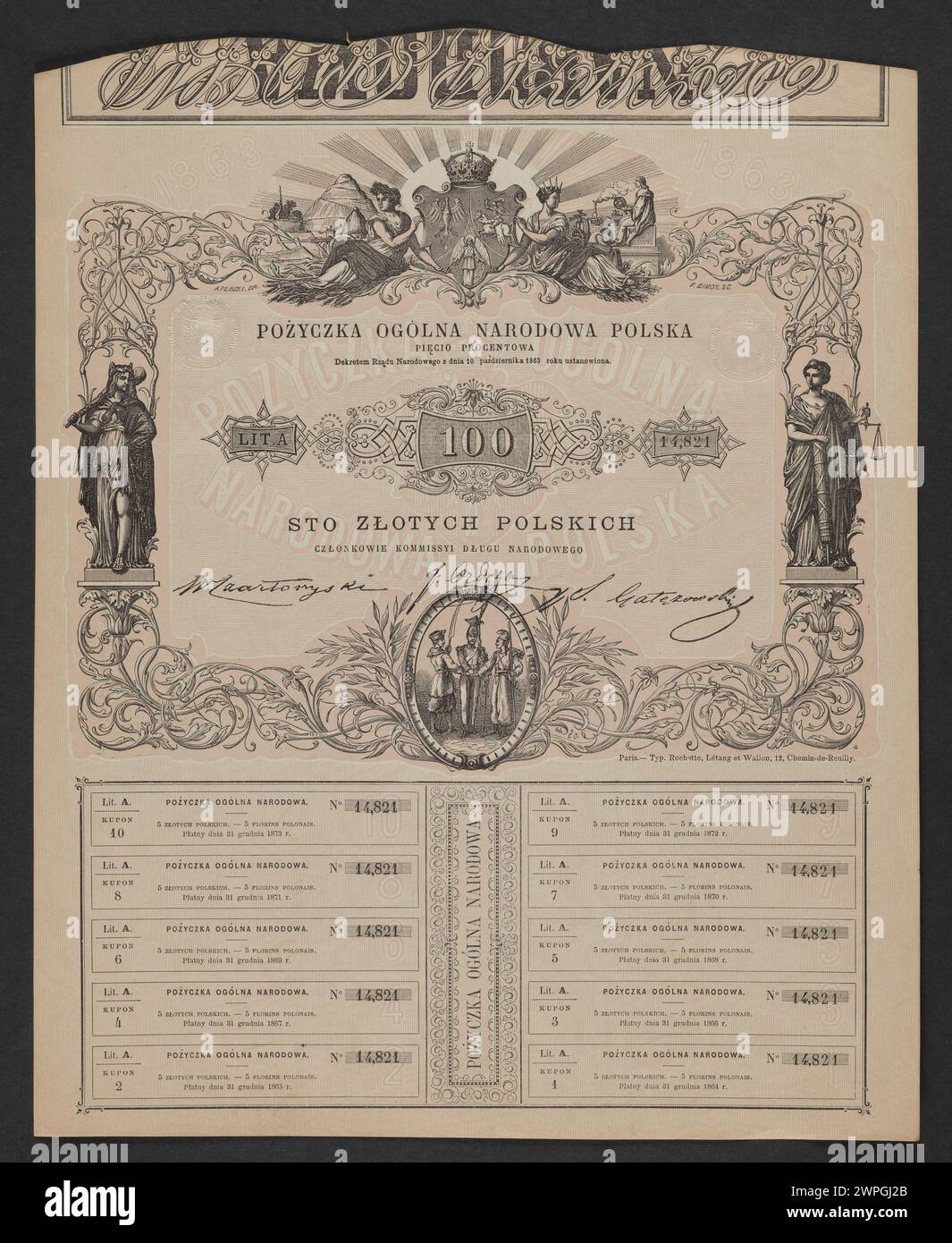Dieses Dokument bezieht sich auf die gesamtpolnische Regierung im Jahr 1863 und spiegelt administrative und historische Aspekte Polens während dieses Jahres wider. Stockfoto