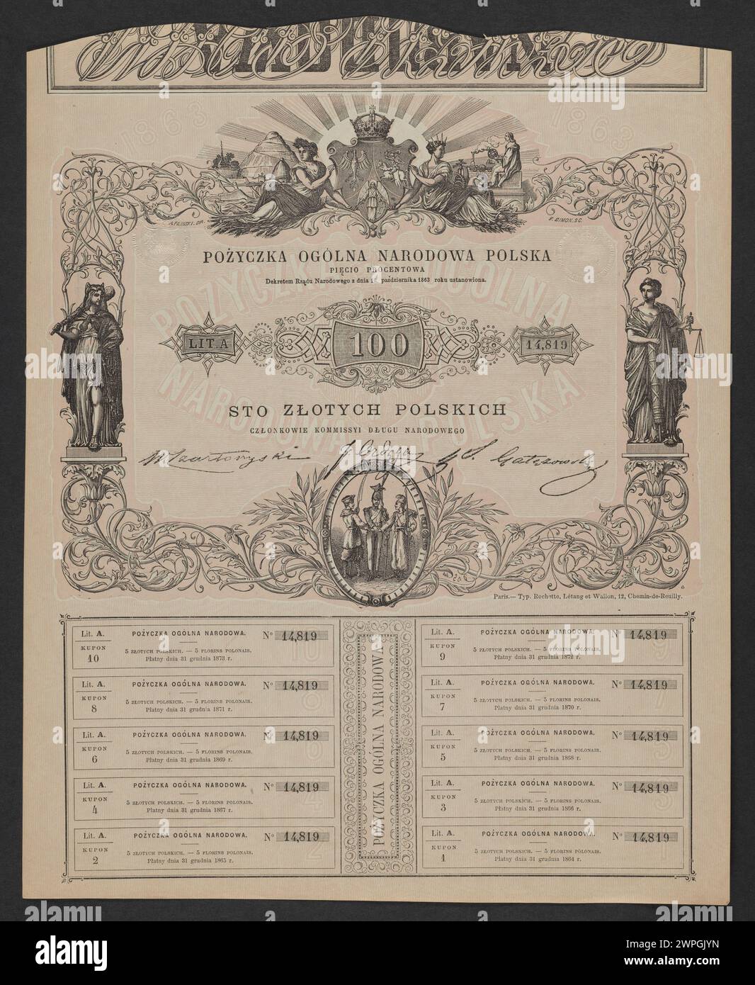 Dieses Dokument bezieht sich auf die gesamtpolnische Regierung im Jahr 1863 und spiegelt administrative und historische Aspekte Polens während dieses Jahres wider. Stockfoto