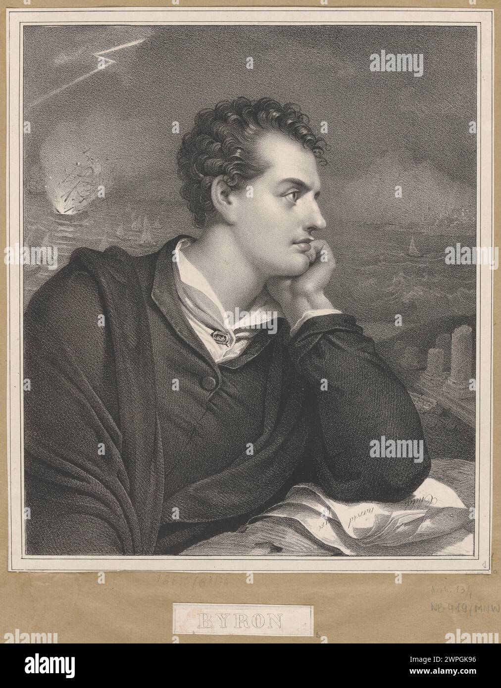 Diese Lithografie aus dem Jahr 1813 stellt Lord George Gordon Byron, den berühmten britischen Dichter dar. Der von Nicolas-Eustache Maurin nach Richard Westalls Design gestaltete Druck spiegelt den Stil des frühen 19. Jahrhunderts wider. Stockfoto