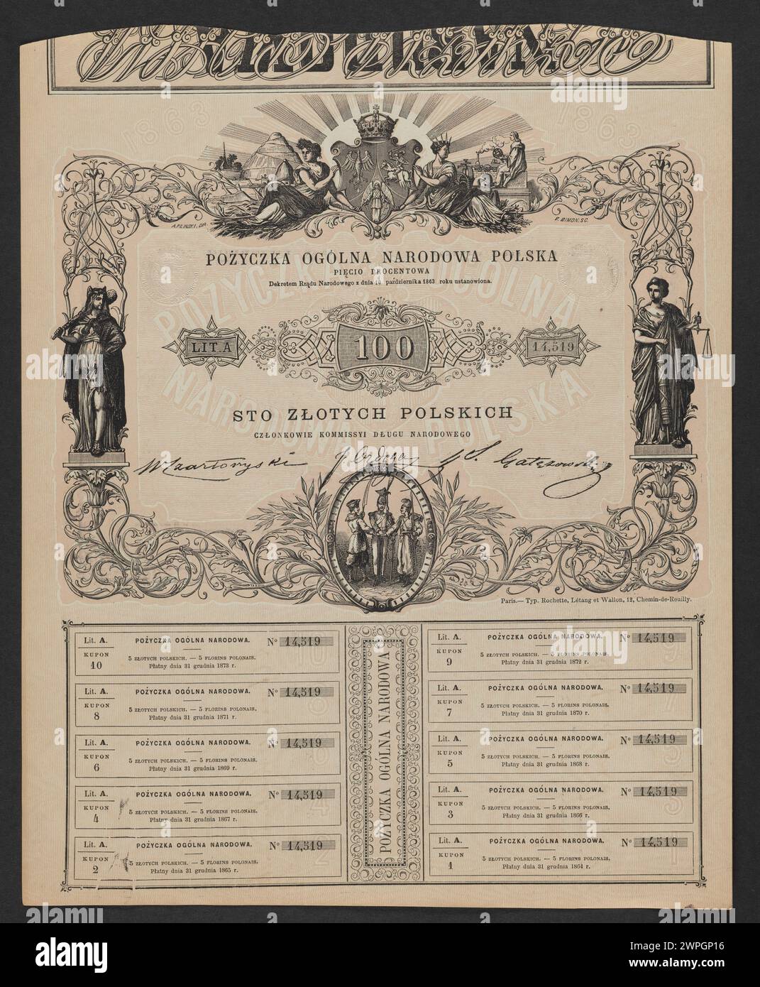 Polnische nationale allgemeine Vermerke aus dem Jahr 1863, herausgegeben von der nationalen Regierung, die offizielle Finanz- und Verwaltungsverfahren während des Januaraufstands demonstriert. Stockfoto