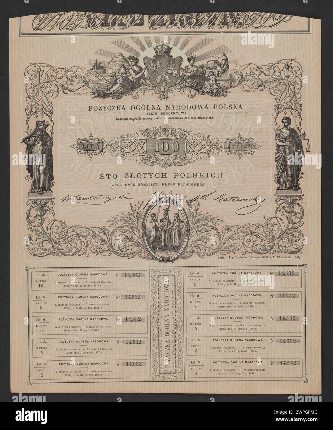 Eine polnische Staatsnote von 5 % aus dem Jahr 1863, die von den nationalen Behörden als offizielle Währung ausgegeben wurde. Stockfoto